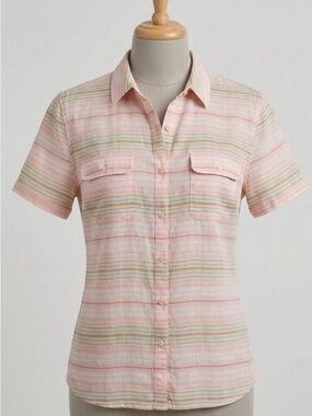 Tommy Bahama Pink/Green/Tan Striped Short-Sleeve Button-Down Shirt Size L